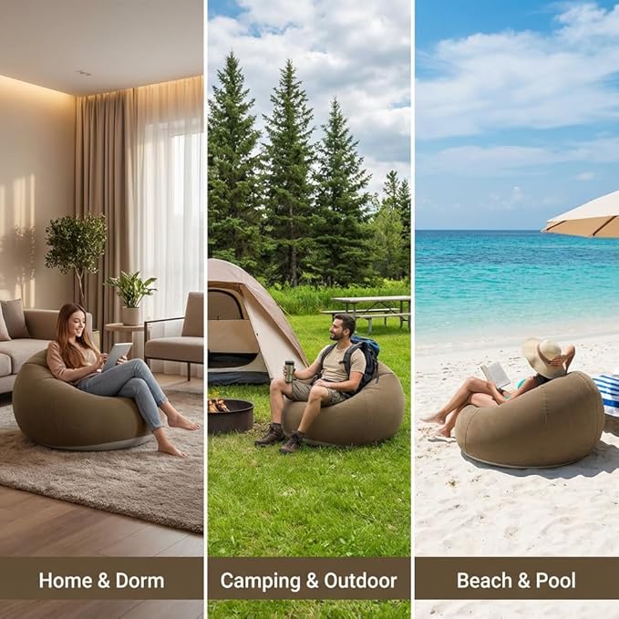 DYRABREST 6 Pcs Bean Bag Chairs for Adults, Inflatable Chairs with Air Pump, Folding Blow Up Couch, Flocking Portable Lazy Sofa for Movie Night, Living Room, Camping (Brown)