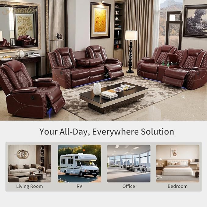 Toseslo Power Recliner Sofa Set with LED Light,Living Room Furniture Sets,Brown Leather Sofa and 2 Chairs Set, Modern Power Reclining Sets with Cup Holder/Storage Console for House