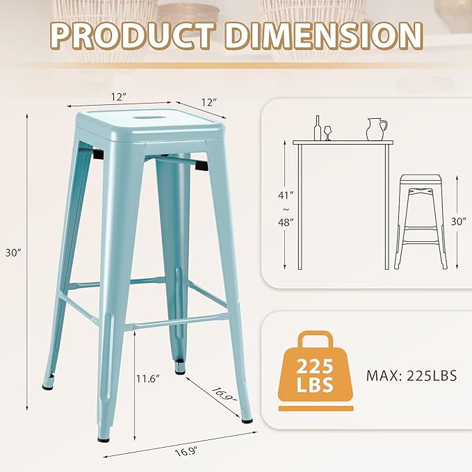 Furmax 30 Inch Metal Bar Stools Set of 4, Counter Height Backless Stools, Industrial Bar Chairs Patio Stool Stackable Backless Stool for Kitchen/Dining Room/Bistro/Patio Indoor Outdoor (Blue)