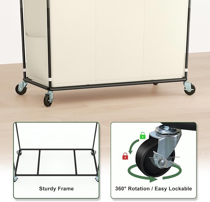 Mefirt 320L Laundry Hamper with Wheels, 3 Section Large Rolling Laundry Basket Bag with Wheels, Clothes Hamper Cart for Laundry, Bedroom, Bathroom and Dorm