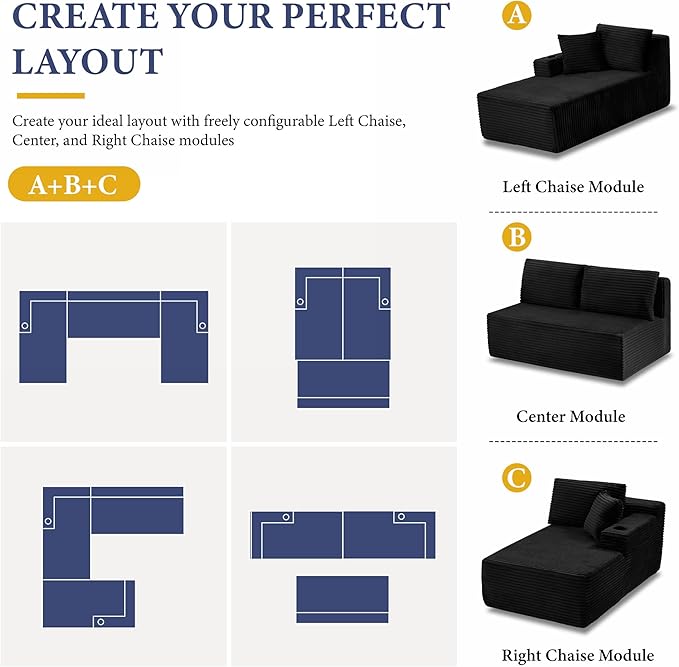 133" Sectional Couches for Living Room Cloud Couch Sofa with L-Shape Upholstered Boneless Couchs Modern Modular Sectional Couch with Chaise (Black, 133" W+U Facing Chaise)