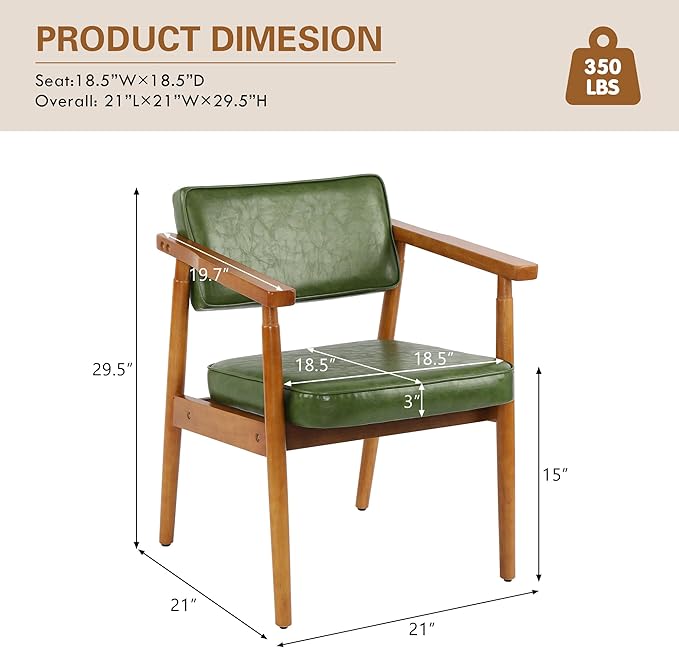 LSSPAID Mid Century Dining Chairs Set of 4, Pu Leather Upholstered Armchair with Wooden Handrail & Comfy Backrest, Modern Kitchen Chairs for Living Room Dining Room, Green