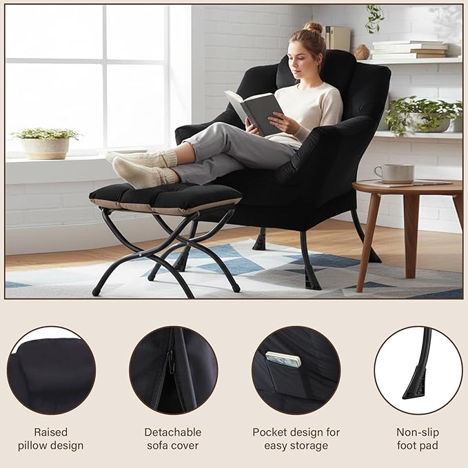 Welnow Lazy Chair with Ottoman, Modern Lounge Accent Chair with Armrests and a Side Pocket, Leisure Sofa Armchair, Reading Armchair with Footrest for Small Space, Black