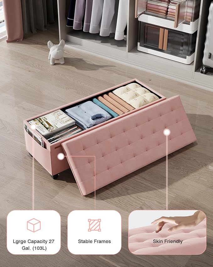 ABHENG Velvet Storage Ottoman Bench, End of Bed Bench with Legs, Large Entryway Bench, Foot Rest Stool, Tea Table for Bedroom, Living Room, Loads 770 lb, 15.7"L x 43"W x 15.7"H, Jelly Pink, UASND62P