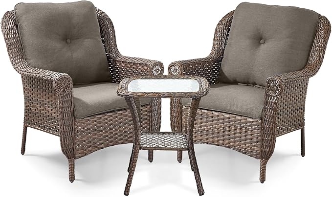 ACTREST 3 Piece Patio Brown Wicker Chairs with Side Table - Outdoor High Back Heavy Duty All-Weather Lawn Dining Rattan Chair Conversation Bistro Set for Deck Porch Balcony Backyard Garden - Grey