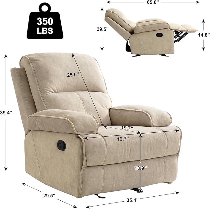 KeyEnergy Manual Rocker Recliner Chair for Adults, High Back Glider with Deep Seat, Upholstered Fabric Armchair for Living Room & Nursery, Flaxen