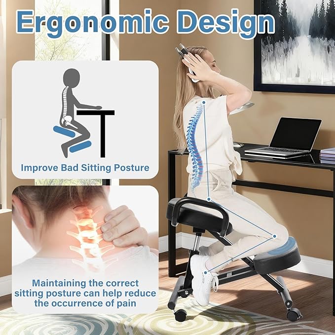 Ergonomic Kneeling Chair Height-Adjustable 22.4-26.3 in Postures Chairs with Lockable Wheels and Armrests Knee Chairs can Hold Up to 220 Lbs Kneeling Ergonomic Chair for Desk Home Meditation,Black