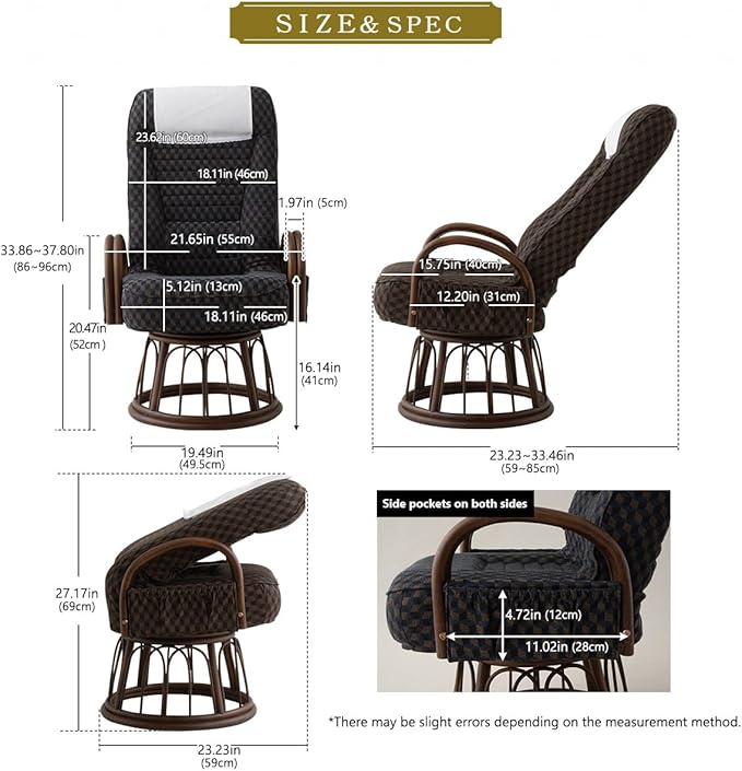 EMOOR Tatami Chair Japanese-Style Swivel Chair RYOKAN (Navy), Natural Rattan Armrest Recliner Living Room Upholstered Single Futon Sofa
