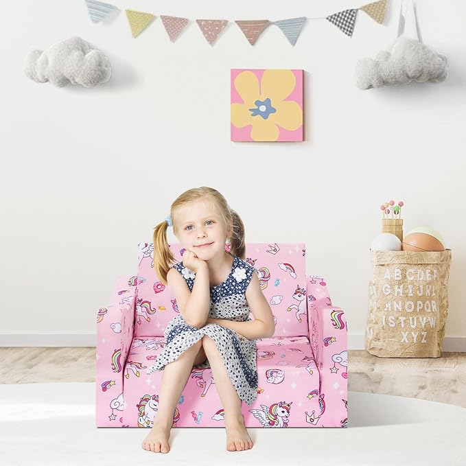 alldomess Comfy Kids Couch, 2-in-1 Folding Kids Sofa Bed for Toddler Girls, Convertible Sofa to Lounger Toddler Couch Chair for Baby Bedroom Playroom Nursery,Unicorns Candies