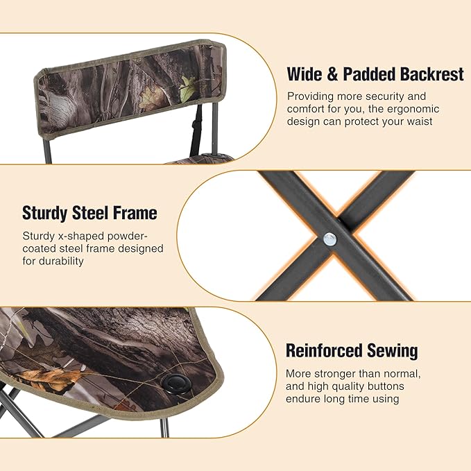 REDCAMP 2 Pack Tripod Hunting Chairs for Blinds, Folding Lightweight Portable Fishing Chair for Adults Hunting Stools with Backrest, Golf Chairs for Spectators, Camo
