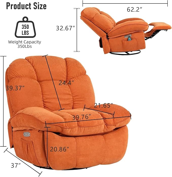 EDWELL Massage Swivel Recliner Chair, Oversized Rocker Recliner with Heated, Vibration Massage and Lumbar Heat Ergonomic Rocker Chair for Adults with Side Pocket, USB Charge Port, Orange