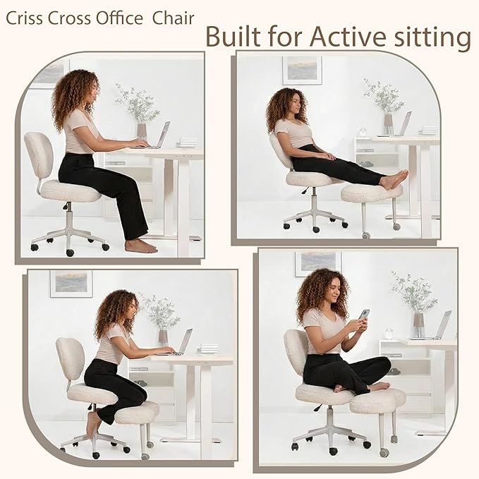 Ergonomic Cross Legged Chair, Meditation Chair Plus with Wheels for ADHD/Fidgety Sitters, Height Adjustable & Lumbar Support, Teddy Fabric, Ivory Home Office Furniture