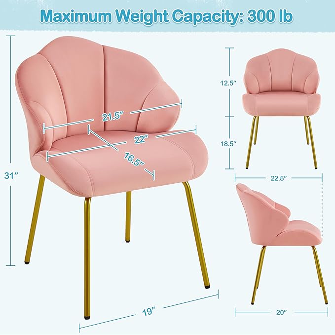 Yaheetech Vanity Chair, Velvet Accent Chair with Shell-Shaped Backrest, Modern Armchair with Gold Metal Legs for Dressing Room/Bedroom/Living Room, Pink