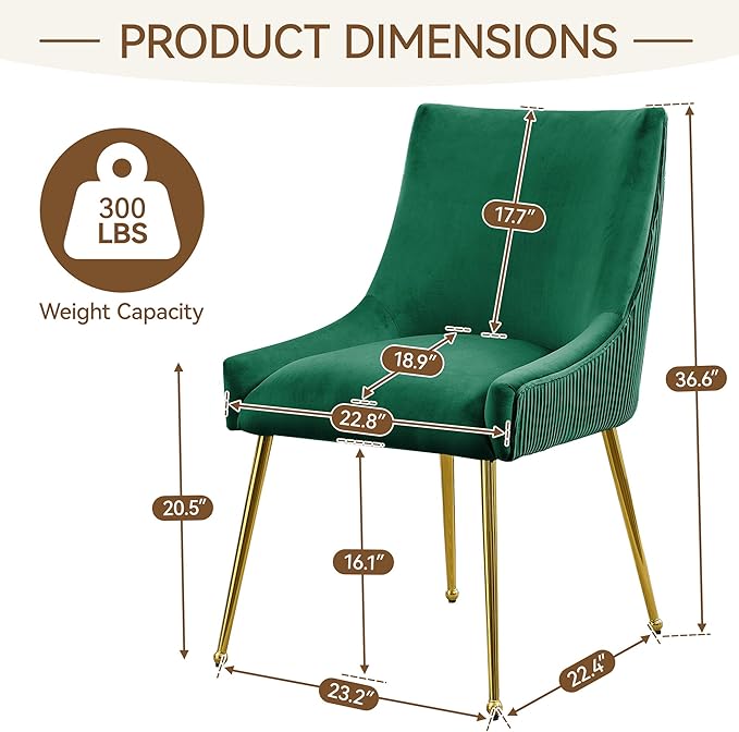 WUTUTUEE Velvet Dining Chairs Set of 6 Gold Legs,Upholstered Velvet Accent Chairs, Pleated Back Design & Gold Pull Handle, Mid Century Modern Chairs for Dining/Kitchen/Living Room,Green
