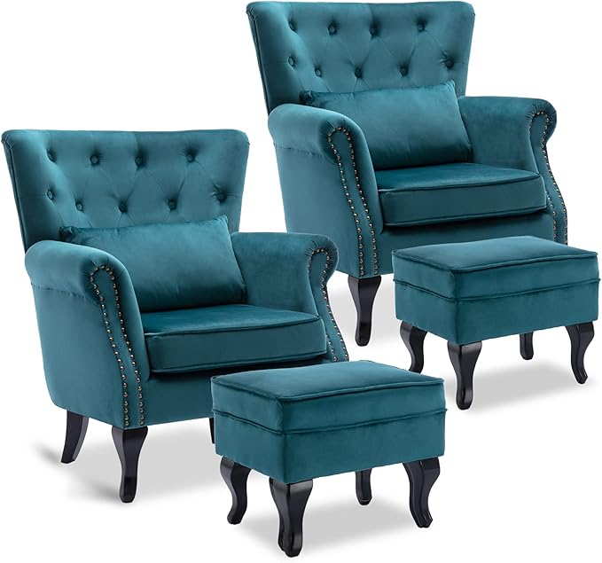 LZAREAL Accent Reading Arm Chairs with Ottoman Set of 2 for Living Room Bedroom, Midcentury Modern Corner Sofa Chair, Wingback Waiting Room Club Chair with Tufted Back &Lumbar Pillow, Velvet Teal