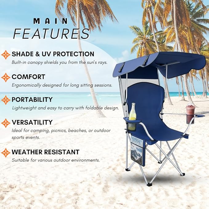 CozyBox Portable Folding Camping Chairs with Canopy Shade, Beach Chair for Adults, Durable Weather Resistant 600D Oxford Cloth, Camping Chair with Canopy for Outdoors [Navy]