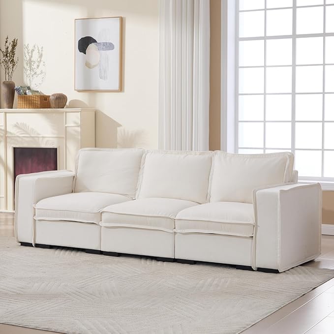HEAY-YO 93 Inches Modern Modular Sectional Sofa,3-Seater Comfy Couch with High Density Foam and Armrests,Floor Sofa for Living Room Bedroom Apartment,Linen White