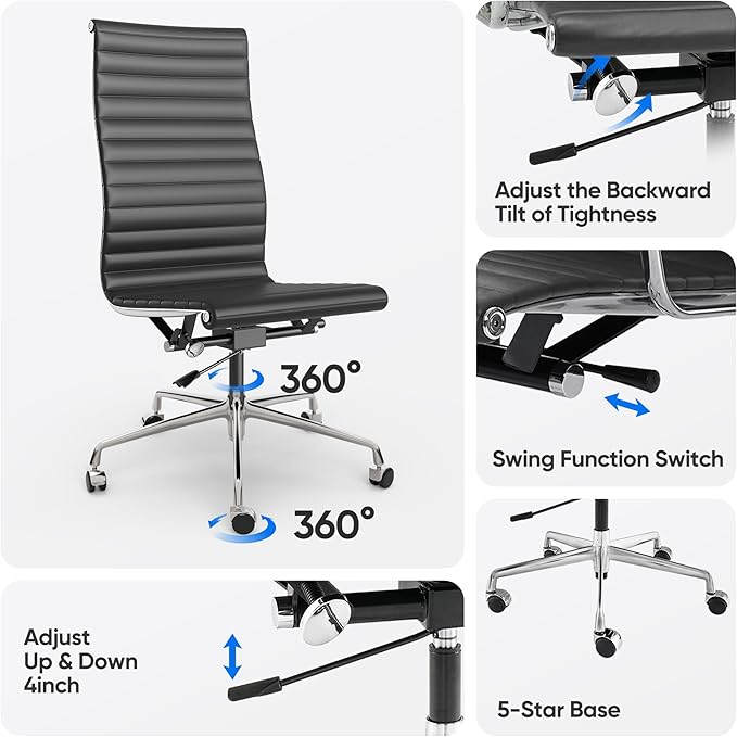 OTDMEL Armless Ribbed Office Desk Chair with Top Grain Leather, High Back Ergonomic Swivel Room Chair, Adjustable Height 5-Star Base, Black