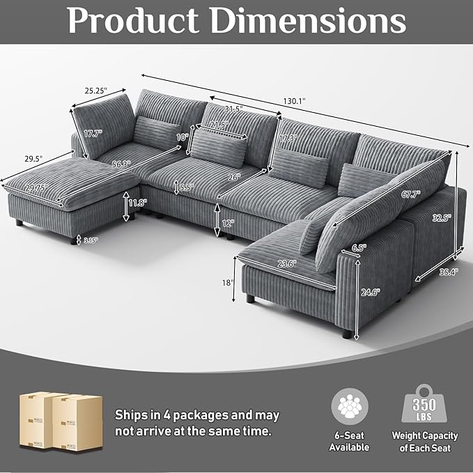 130" W x 67" D U Shape Sectional Sofa with USB Charging & Cup Holder & Storage, 6 Seater Plush Corduroy Couches with Movable Ottoman, Cloud Couch Sofas for Living Room, DIY Combination - Grey