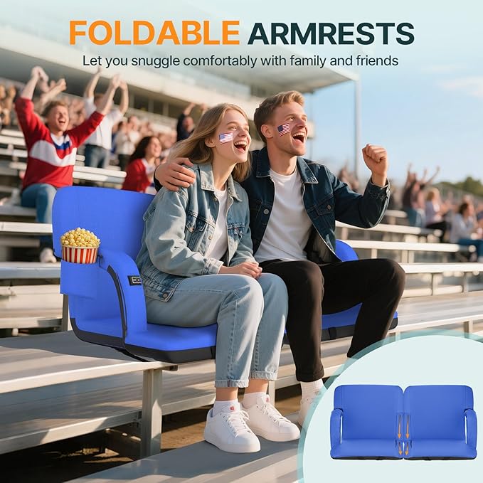 HOPERAN 25" 2pcs Dual-Sided Heated Stadium Seats for Bleachers with Back Support, 3 Levels Heating Stadium Seating for Bleachers Seat with Backrest, 5 Pockets Portable Stadium Chair(Blue)