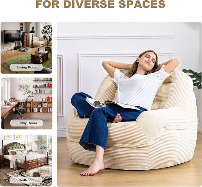 Giant Bean Bag Chair with Armrests - Oversized Cozy Seating for Adults, Corduroy Fabric & High-Resilience Foam Filling, Ideal Lounge for Living Room, Bedroom & Gaming Room (White)