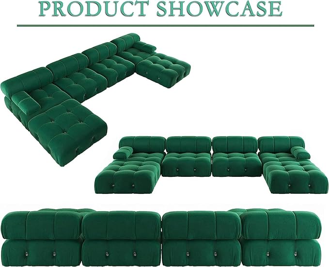 JACH 138" Convertible Modular Sectional Couch, U-Shaped Minimalist Velvet Sofas, Mid-Century Modern Comfy Sectional Couches with Chaise Ottomans for Living Room Office Apartment (Green)