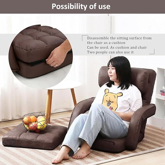 FLOGUOR 14-Position Adjustable Floor Chair, Chaise Lounge Indoor, Folding Lazy Sofa with Armrests and a Pillow Padded Adults Gaming Chairs for Living Room, Bedroom Factory Price,8803 (Coffee(PU))