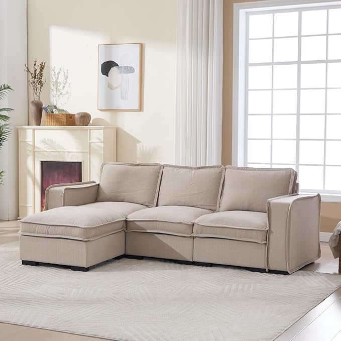 HEAY-YO 93 Inches Modern Modular Sectional Sofa,L Shape 3-Seater Comfy Couch with Moveable Ottoman,Floor Sofa for Living Room Bedroom Apartment,Linen Sand