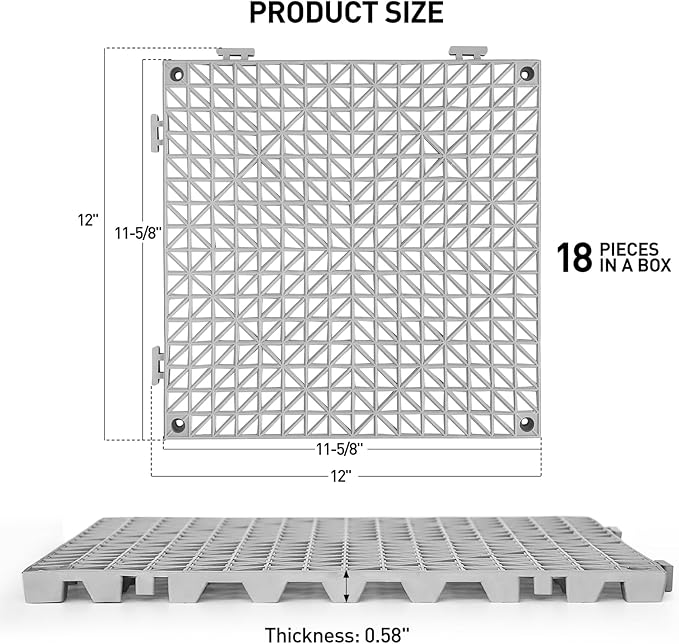 MAXWAVE 18 Pack 12" x 12" Modular Interlocking Floor Mats, Soft PVC Non-Slip Drainage Tiles, Splicing Rubber Cushion Flooring for Deck, Shower, Pool, Basement, Shed, Indoor and Outdoor Use