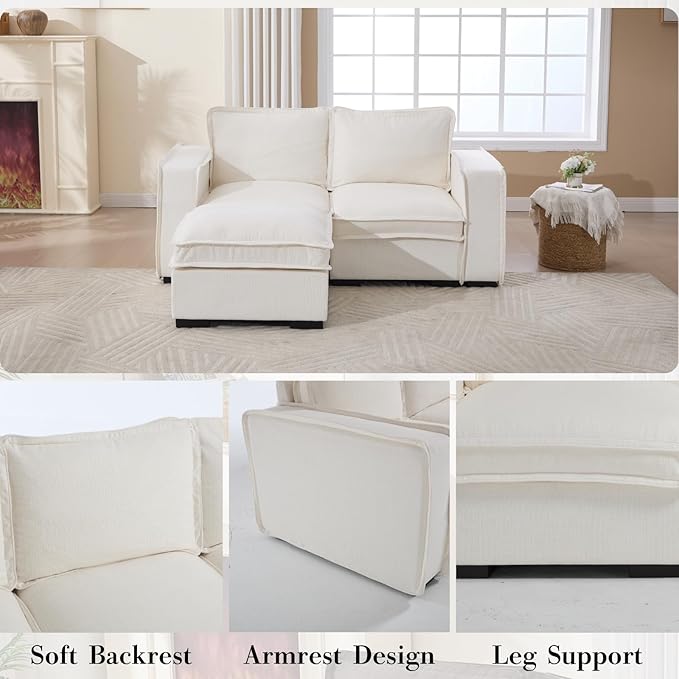 HEAY-YO 67 Inches Modern Modular Sectional Sofa,L Shape 2-Seater Comfy Couch with Moveable Ottoman,Floor Sofa for Living Room Bedroom Apartment,Linen White