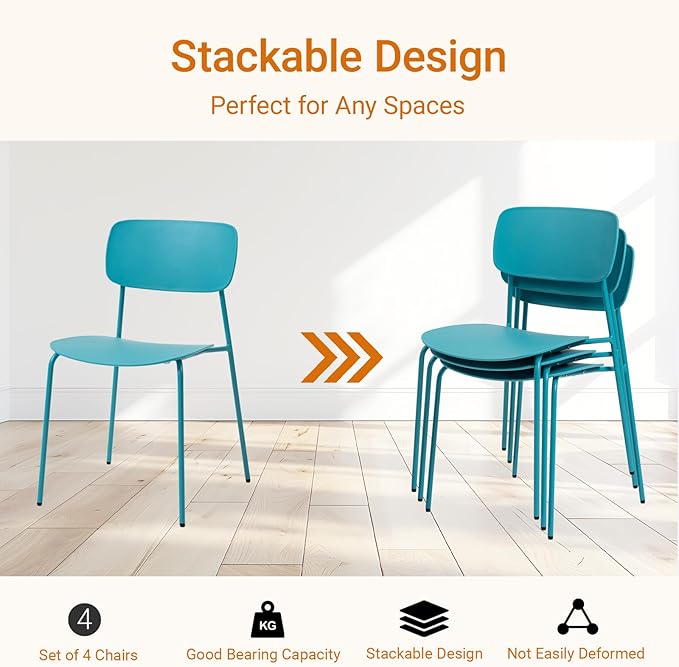 Sidanli Armless Stacking Chairs Set of 4, Office Waiting Room Chairs with Metal Legs and Ergonomic Plastic Seat, Metal Chairs Set of 4 for Conference Reception Dining Room, Blue