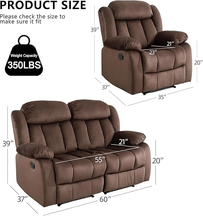 EBELLO Manual Recliner Sofa Set, Classic Reclining Couch Furniture Set for Living Room, Includes 1 Recliner Chair, 1 Loveseat Sofa and 1 3-Seater Couch, Brown