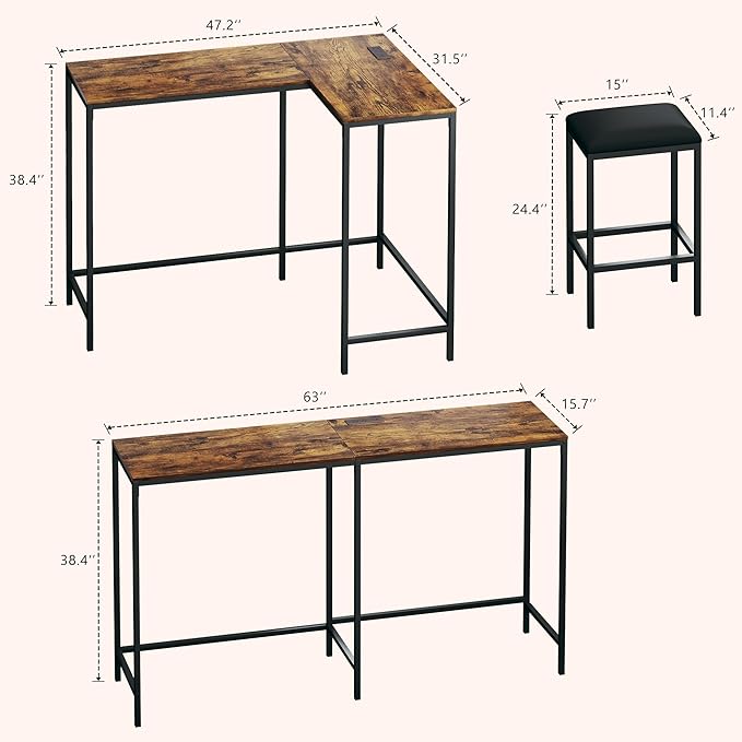 Bar Table and Chairs Set for 2-4, 63'' Convertible L-Shaped Kitchen Table with Power Outlets, 3 Piece Counter Height Small Dining Table with 2 Stools, Space Saving, Breakfast Nook Corner, Rustic Brown