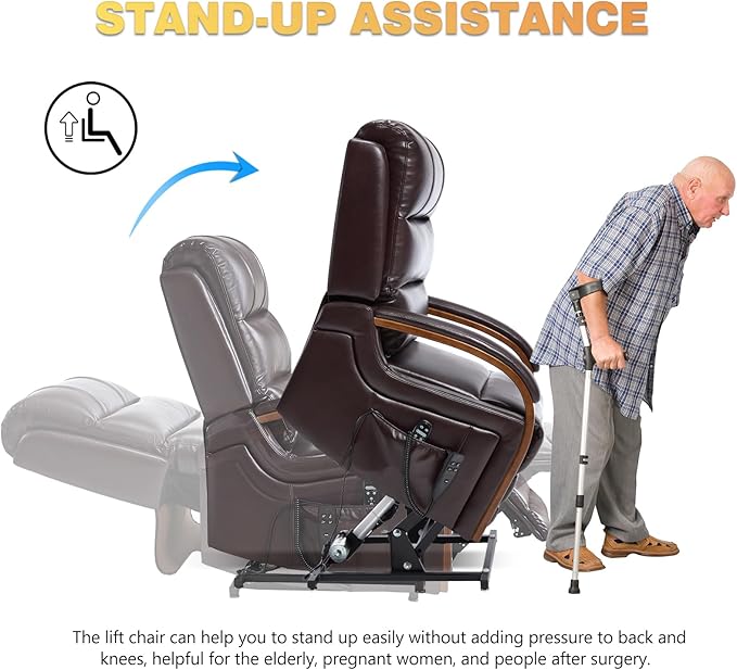 Dual Motor Power Lift Recliner Chair, Lay Flat Recliner, Lift Chair with Massage and Heat, Standing Assistance, Infinite Position Reclining, Living Room Chair (Faux Leather Dark Brown)