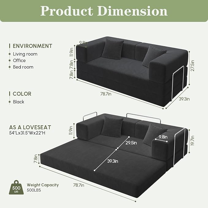 4-in-1 Convertible Sofa Bed, 78 Inch Corduroy Loveseat Sleeper with Pull-Out Bed, Boneless Fixed-Frame Floor Futon for Living Room