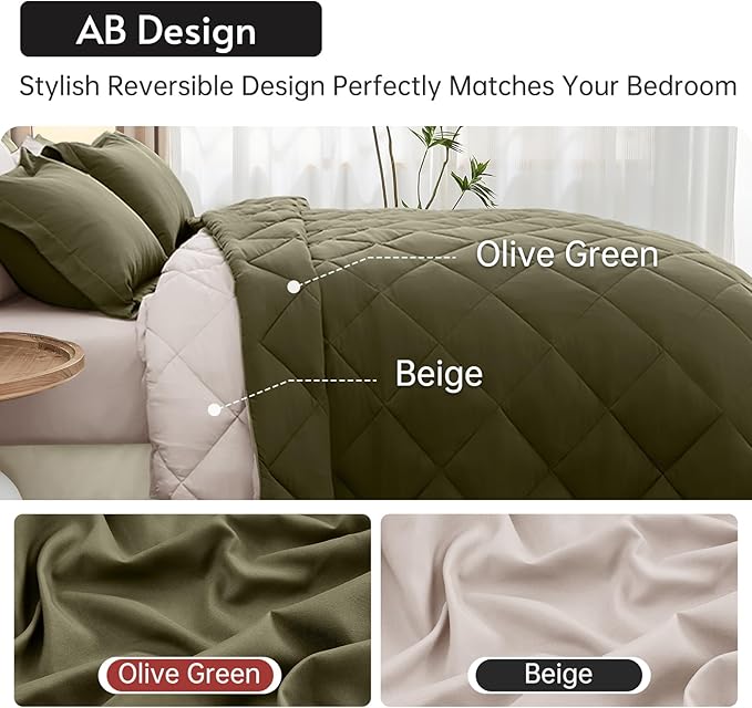 MUXHOMO 5 Pieces Twin XL Comforter Set, Reversible Bed in a Bag Twin XL Size, All Season Bedding Set with Comforter, Flat Sheet, Fitted Sheet, Pillowcases & Shams, Olive Green & Beige