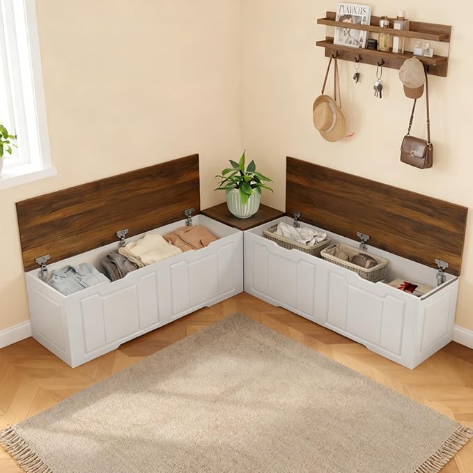 L-Shape Corner Bench with Hidden Storage, 63”Kitchen Corner Nook Bench Seating& Entryway Shoe Bench,Space-Saving Wood Corner Bench for Small Spaces,White, 63"*63"*17.7"