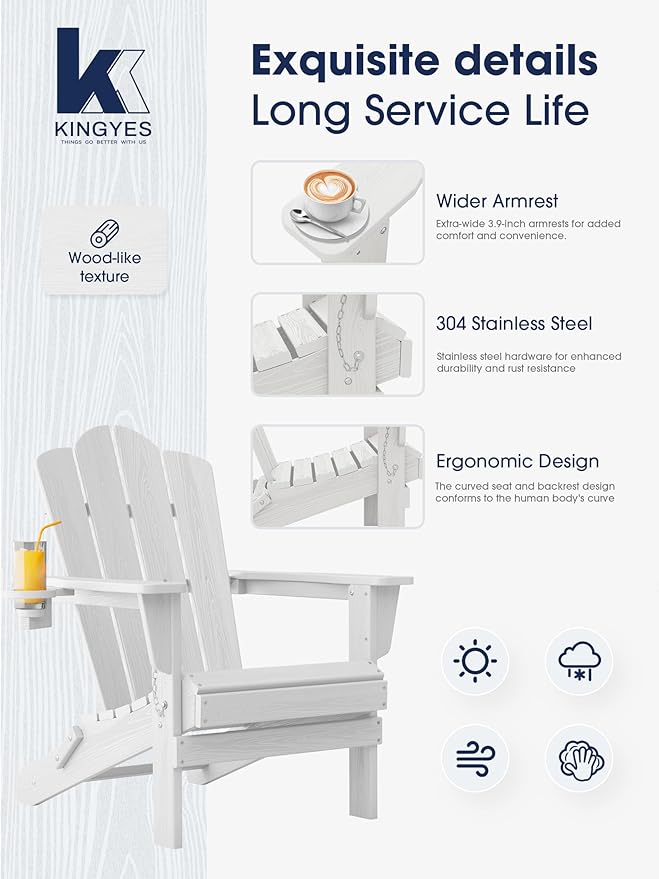 KINGYES Folding Adirondack Chair Set of 4, HDPE All-Weather Patio Chairs with Cup Holder, Wooden Textured Fire Pit Chairs for Poolside, Backyard, Deck, White