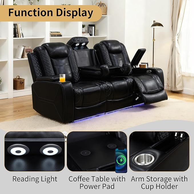 Caberryne Power Recliner Sofa with LED Lights,Leather Reclining Couch with Double Recliner/USB Port/Coffee Table/Cup Holder for House/Home Theater(3 Seater Sofa,Black)