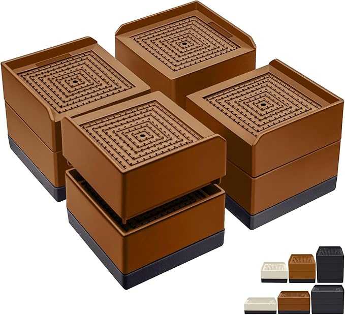 ANNKUT Bed Furniture Risers 3 inch, Square Adjustable Risers Blocks for Bed Sofa Table and Couch Lift to 1.5 or 3 inch，Heavy Duty Support Up to 1,300 Lbs (4 Pack-Brown)