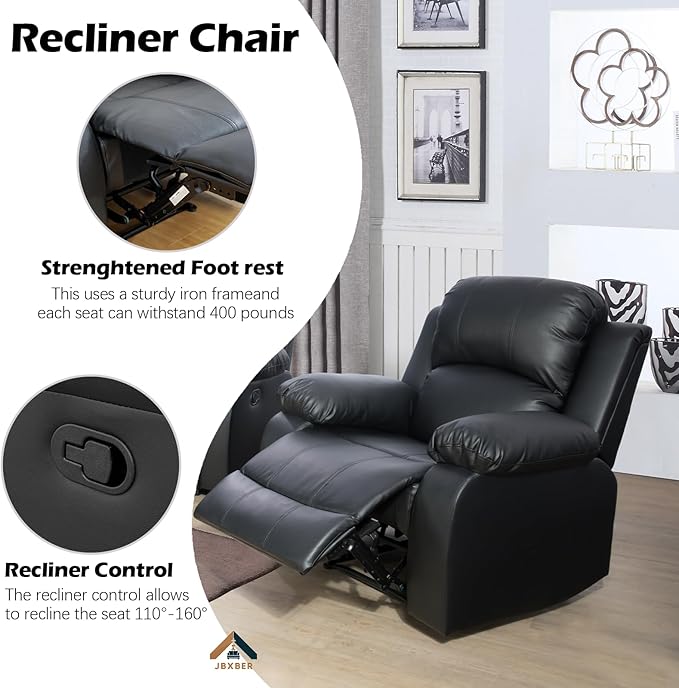 JBXBER Manual Recliner Sofa Set for Living Room, Leather Reclining Sofa Sets, Faux Leather Couch Set with Cup Holders, Drop-Down Table and Storage Console(Chair,Black)