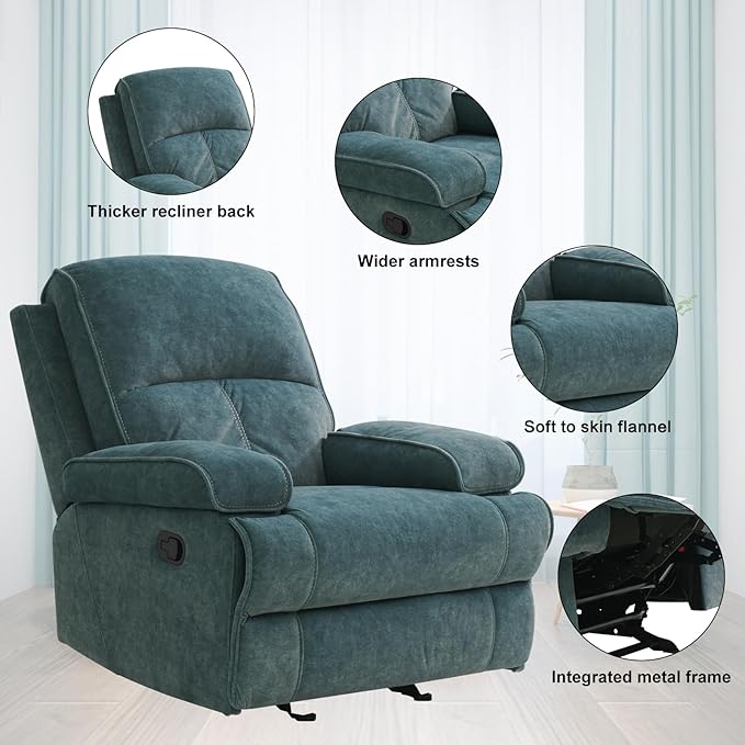 KeyEnergy Manual Rocker Recliner Chair for Adults, High Back Glider with Deep Seat, Upholstered Fabric Armchair for Living Room & Nursery, Blue