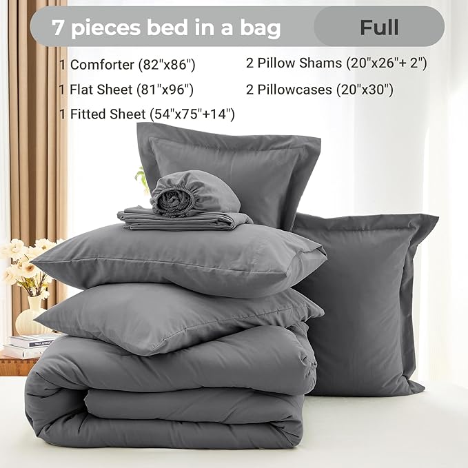 MUXHOMO 7 Pieces Full Comforter Set, Soft Bed in a Bag Full Size, All Season Bedding Set with Comforter, Flat Sheet, Fitted Sheet, Pillowcases & Shams, Dark Grey
