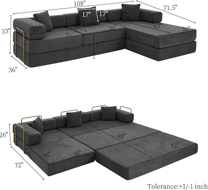HANXIN 108" Modular Sectional Sofa, Futon Convertible Sofa Bed,Oversized Corduroy Boneless Couch for Living Room,Floor Loveseat Sleeper with Pull Out Bed,Free Combination,No Assembly Required (Grey)