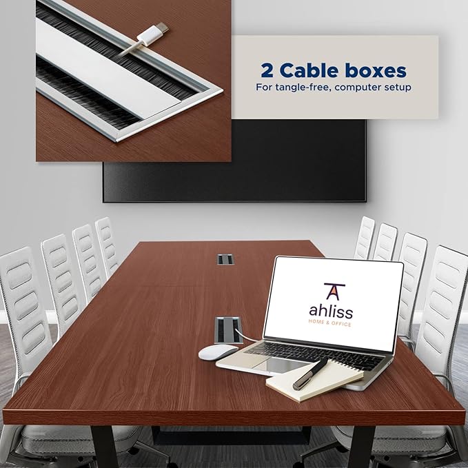 ahliss Sturdy Conference Table with Cable Management Grommets Modern Rectangle Office Meeting Table with Wood Tabletop and Metal Frame & Legs- Easy Assembly Boardroom Table (Mahogany, 8 Foot)