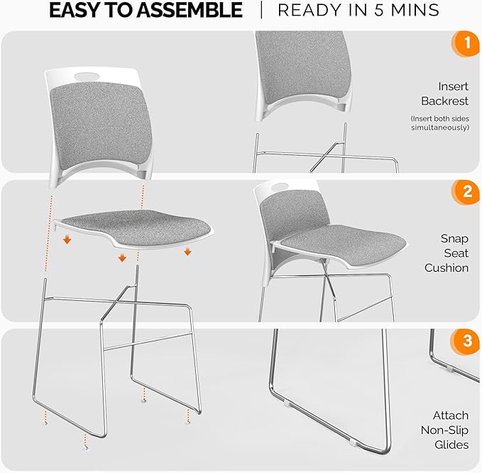 VINGLI Stackable Chairs Set of 8, Stacking Office Chairs with Metal Sled Base, Ergonomic Plastic Padded Seat & Back, Capacity 350lbs, Stacking Chairs for Waiting Room Break Room Banquet Guest, Gray