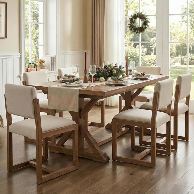 DUOMAY Upholstered Dining Chairs Set of 6, Mid-Century Modern Dining Room Chairs, Linen Fabric Kitchen Side Chairs with Wood Legs, Beige