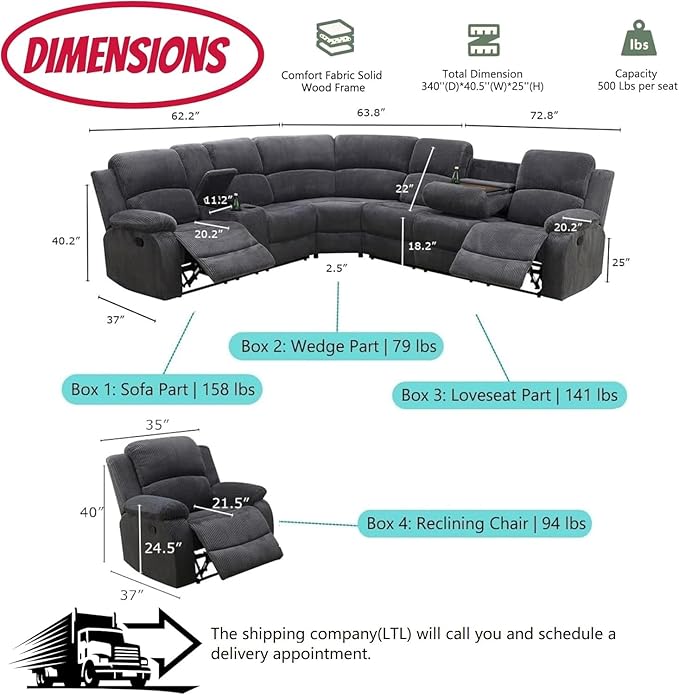 Manual Reclining Sofa Set with Drop-Down Table, Corduroy Sofa Sets, Living Room Furniture Sets, Modern Manual Recliner Sofa Sets with Storage Console for Living Room (Dark Grey, Sectional+Chair)