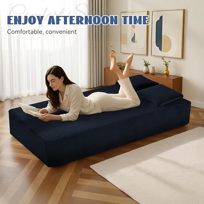 83" Sofa in a Box, 3 Seater Couch No Assembly Boneless Sofa Bed with Cushion Back 2 Matching Pillows Deep Seat Corduroy Fabric Side Storage Pockets for Living Room, Bedroom, Apartment, Office, Blue