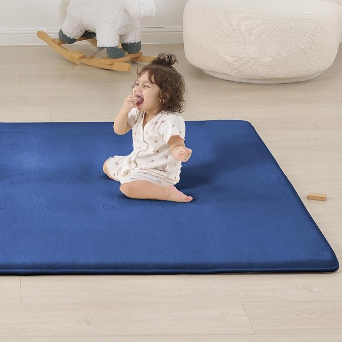 PAPAMAT 1.3" Thick Baby Floor Play Mat 50x50, Basic Padded Foam Mat for Tummy Time Crawling, Non Slip Cushioned for Babies Toddlers Infants Kids (Blue)